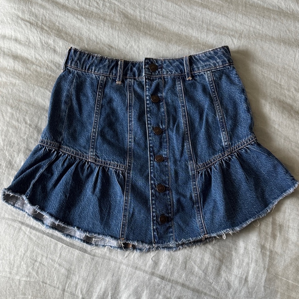 American Eagle Outfitters Dark Blue Button-Front Ruffle Hem Mini Skirt 2